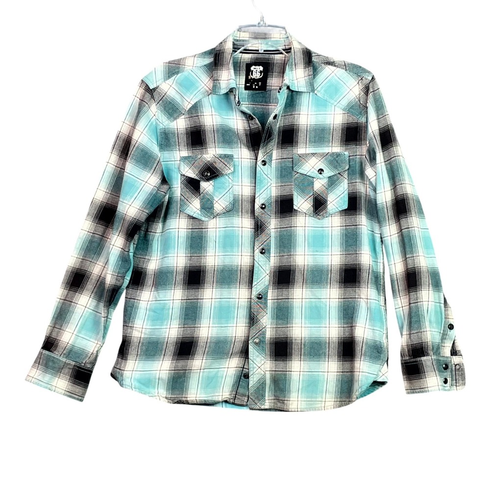 Route 66 Flannel Shirt Mens Medium Plaid Retro Western Cowboy Outdoor Pearl Snap